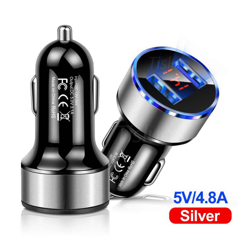 4.8A Car Charger Mobile Phone Fast Charging Adapter in Car with LED Display Quick Charge Universal Dual USB Car Charger: Silver