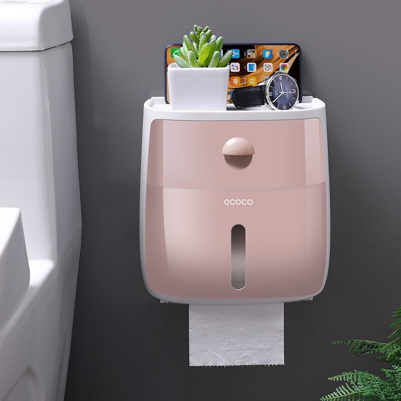 Baispo dobbeltlag toiletpapirholder vandtæt opbevaringsboks vægmonteret toiletrulle dispenser bærbare toiletpapirholdere: Lyserød