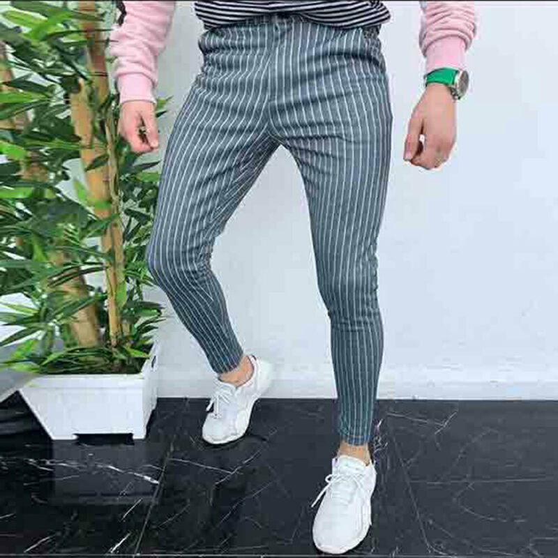 Herre slim fit træningsdragt sport gym skinny jogging jogger sweat pants stribede bukser: Blå / M