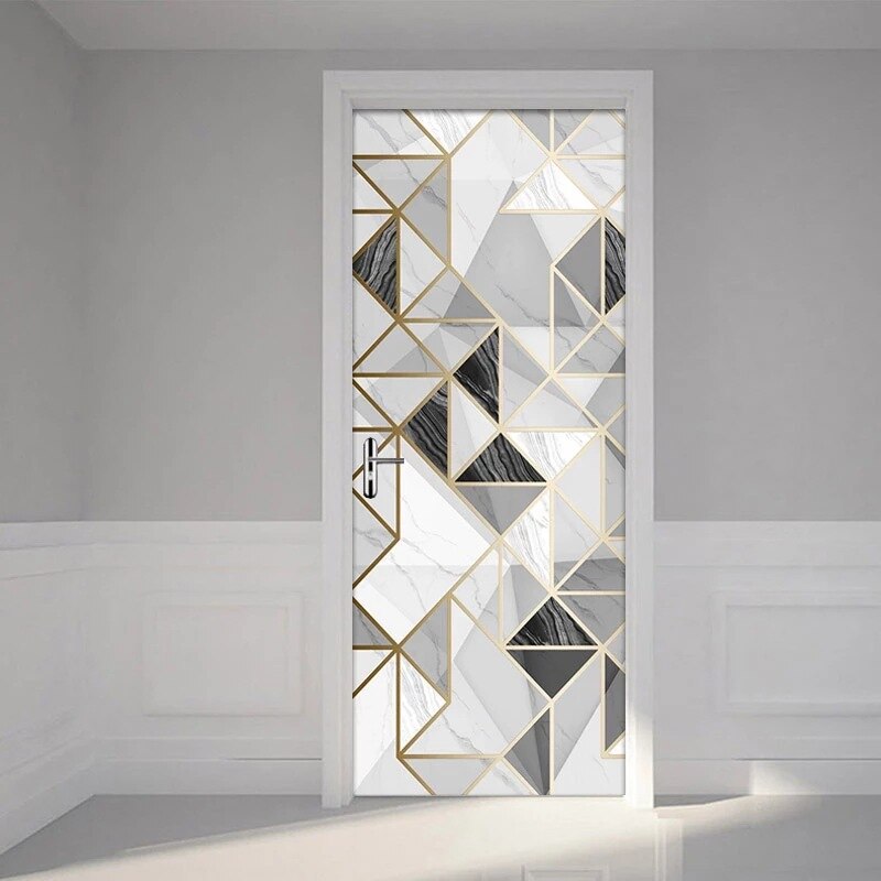Modern Geometric Pattern Polygon Door Sticker 3D Abstract Wallpaper Room Art Door Poster Self-Adhesive Waterproof Poster