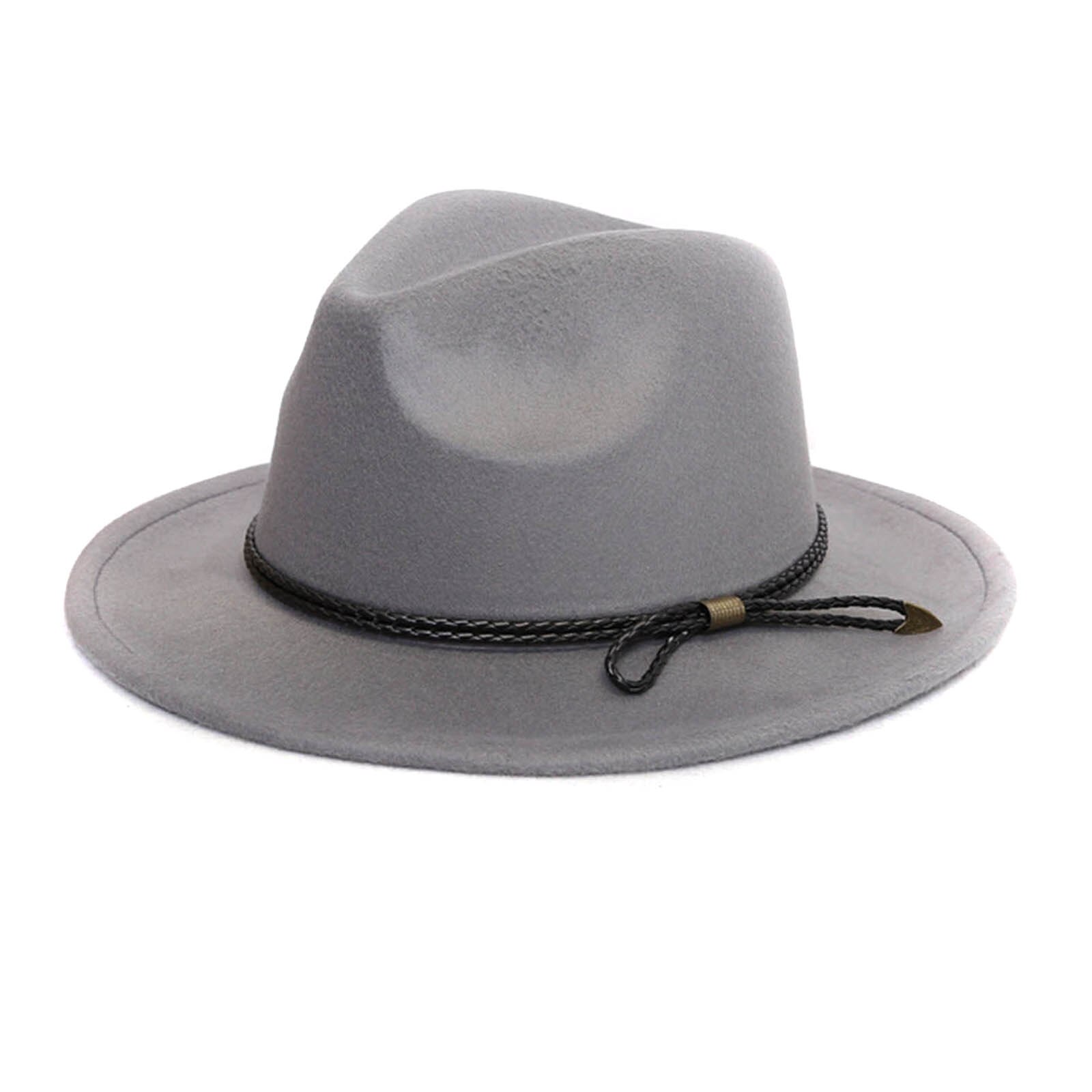 Sombrero de lana con cinturón de borde ancho para mujer, gorro estilo Retro,: Gris