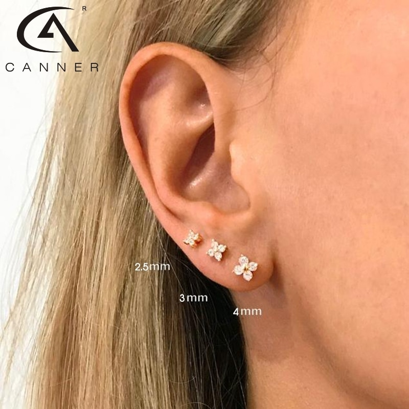 Inmaker 2/3/4Mm Vrouwen Oorbellen Crystal Flower Piercing Stud Oorbellen 925 Sterling Zilver Kleine Kraakbeen oorbel Oreja De Mujer