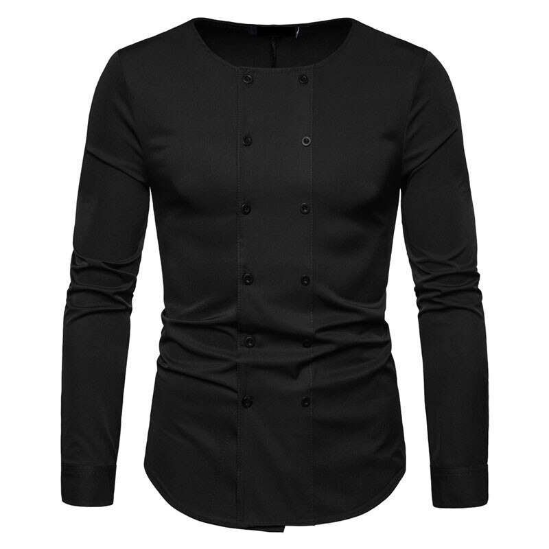 Herre ensfarvet skjorte herre langærmede slim fit casual skjorter herre dobbeltradet business skjorte toppe 2xl: Sort / L