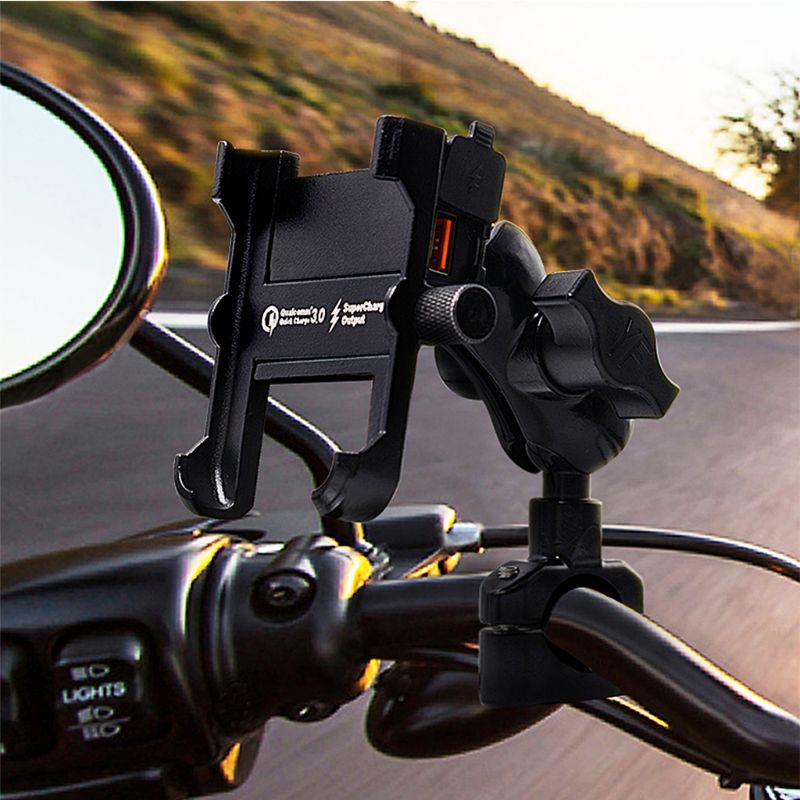 Suporte de celular para motocicleta, suporte de metal impermeável para smartphone com carregador rápido qc 3.0 usb e guidão com espelho para samsung