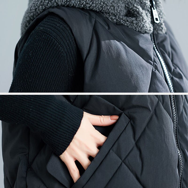 Gilet mi-long en poils d&#39;agneau pour femme, vêtement d&#39;extérieur, rembourré en coton, ample, hiver,
