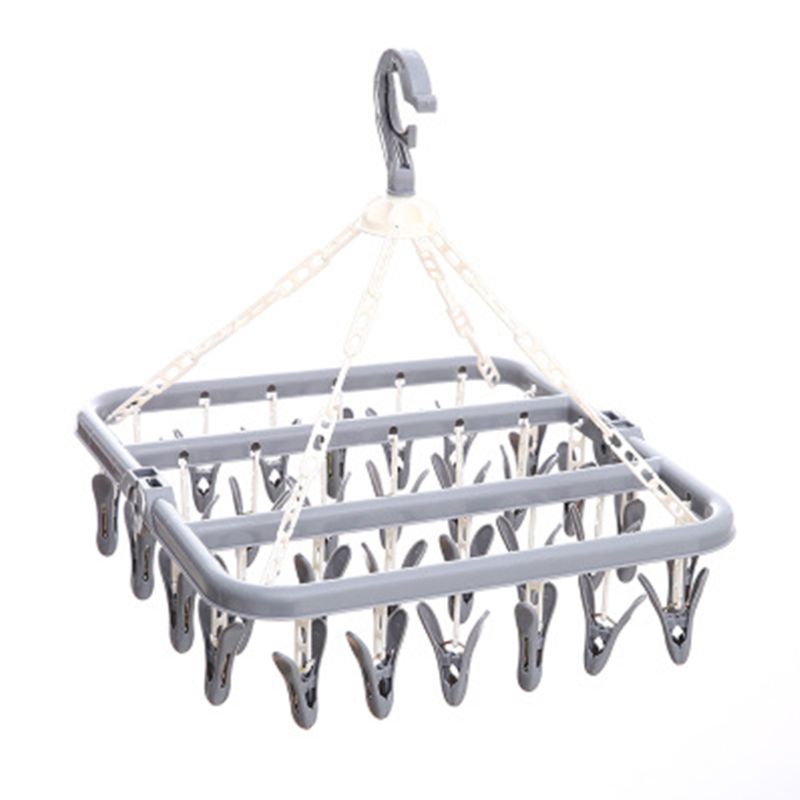 Foldable 32 Peg Windproof Clothes Hanger Dryer Washing Line Airer Clothes Underwear Socks Pants Hanger Household Storage: Gray