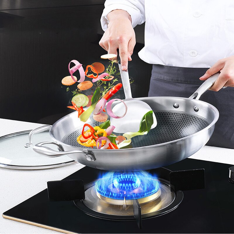 He-Double Honeycomb Double Coating Non Stick Stainless Steel Wok with Cover