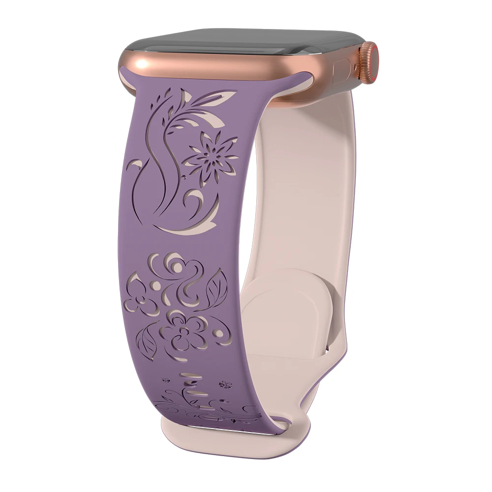 Silicone Floral Engraved Strap For Apple Watch 38/42/46mm 41/44/45mm 49mm Sport Bracelet For iWatch Series 10/9/8/7/6/Ultra Band: Black Yellow / 12mm