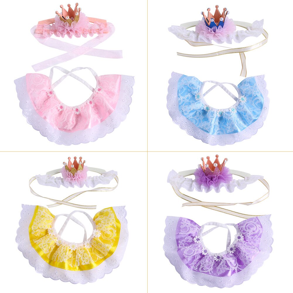Pet Birthday Acessorio Dress Up The Cat, Pet Birthday Costume gatti o cani Crown Hat Lace Saliva Set di asciugamani, bavaglino compleanno per animali domestici
