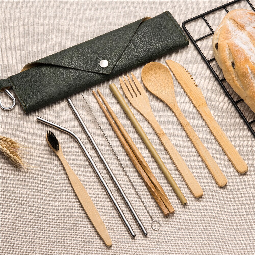 10 stuks Herbruikbare Bamboe Bestek Set Draagbare Servies Houten Bestek Vork Lepel Mes Set met Bestek Tas voor Travel Dinning set: 10pcs set0014