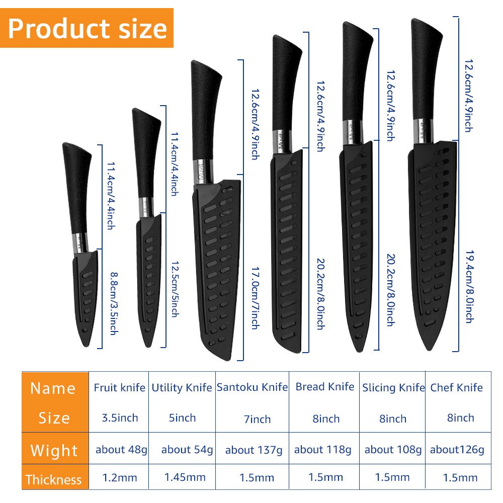 Chef Knives Set Stainless Steel Paring Utility Santoku Chef Slicing Bread Knives Black Blade Kitchen Accessories Set Tools