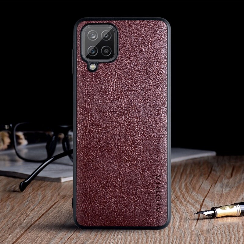 Case Voor Samsung Galaxy A12 Funda Luxe Vintage Leather Skin Coque Telefoon Soft Cover Voor Samsung Galaxy A12 Case Capa: Coffee