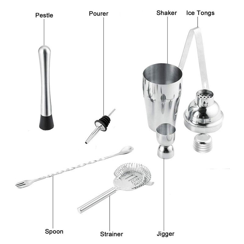 Stainless Steel Cocktail Set 550ml/750ml Cocktail Shaker Set with Muddler Jigger Bar Spoon Ice Tong Bartender Kit Bar Set