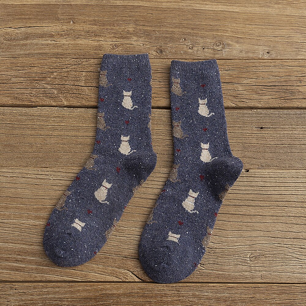 Calcetines con estampado de gato para mujer, medias de lana gruesa y suave con dibujos animados, accesorios de ropa cálidos para Otoño e Invierno