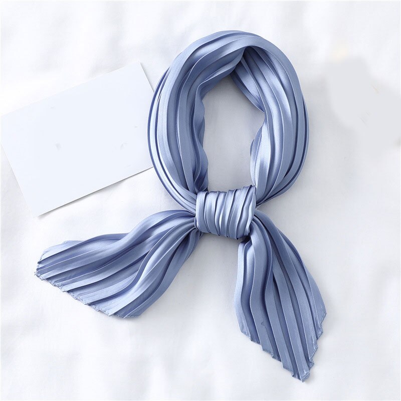 Silk Pleated Scarf Square Scarf For Women Small Scarves Soft Satin Neckerchief Decorative Headscarf Solid Hair Scarf Summer: Blue