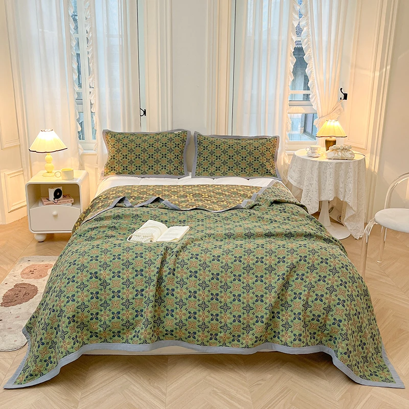Dubbellaags bedovertrek katoenen deken Jacquard sprei garen geverfde spreien en dekbedden Beddekens Bank Handdoek Lakens: 120x200cm / green