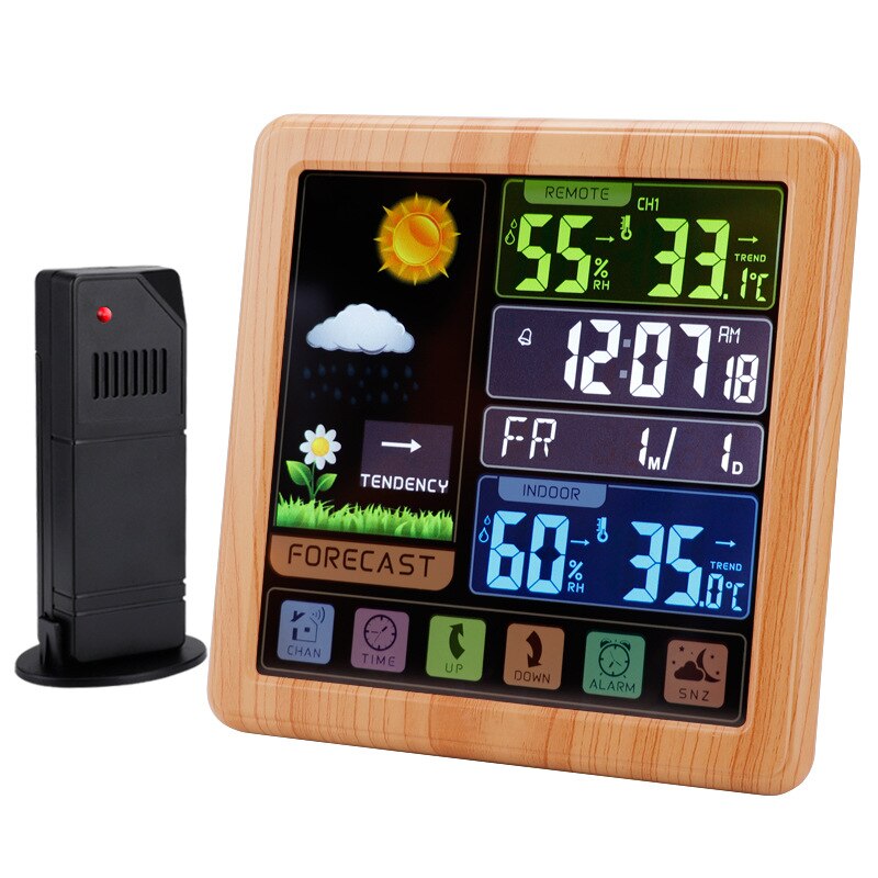 Wood Wireless Weather Station, Indoor Outdoor Thermometer Hygrometer with Sensor, Digital Alarm Clock,Weather Forecast