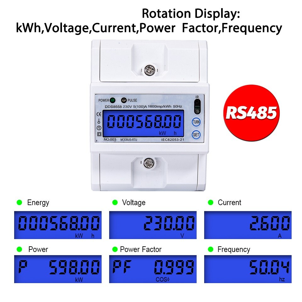 Single Phase 5(100)A 230V AC RS485 Modbus RTU Energy Meter Electric Consumption Meter Monitor Backlight DIN Rail