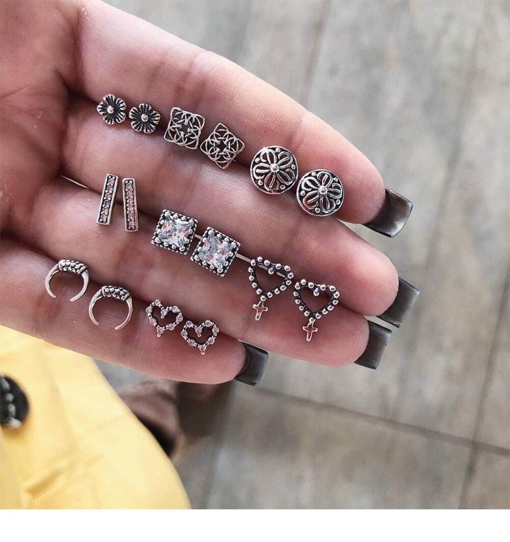 Böhmen Geometrische Kleine Stud Ohrringe Set Für Frauen Shell Blume Stern Hand Charme Ohrringe Mädchen Trendy Schmuck: EA063-16