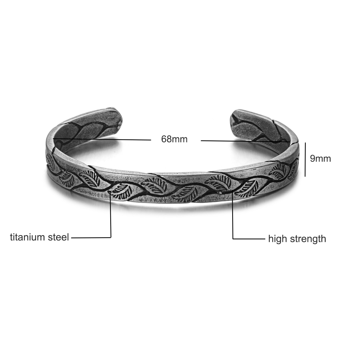 Offene armreifen aus antikem titan-edelstahl, retro-blattmuster, schwarzes punk-wikinger-armband, schmuck für herren