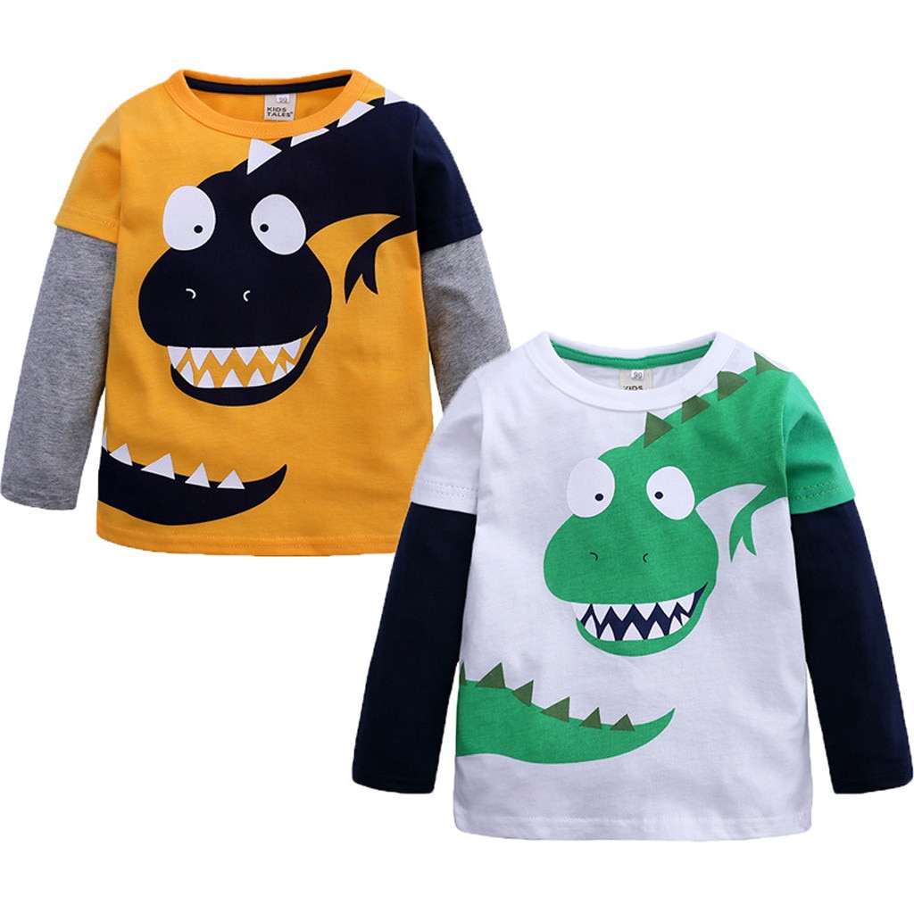 Peuter Kinderen Cartoon Jongens Dinosaurus Patchwork Shirt Tops Outfits Kleding Jongens Meisjes T-shirts Kinderen Kids Cartoon Print Tops