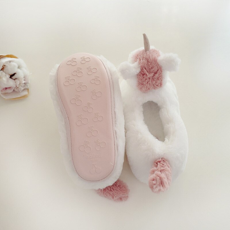 Barn unicorn tofflor för pojkar och flickor djur roliga tofflor spa hem tofflor stövlar infantil baby päls skor för familj