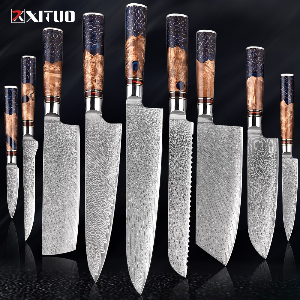 XITUO-Juego de cuchillos de cocina de acero damasco, 67 capas, afilados, duraderos, cuchillo de corte multifuncional, mango de panal de resina azul