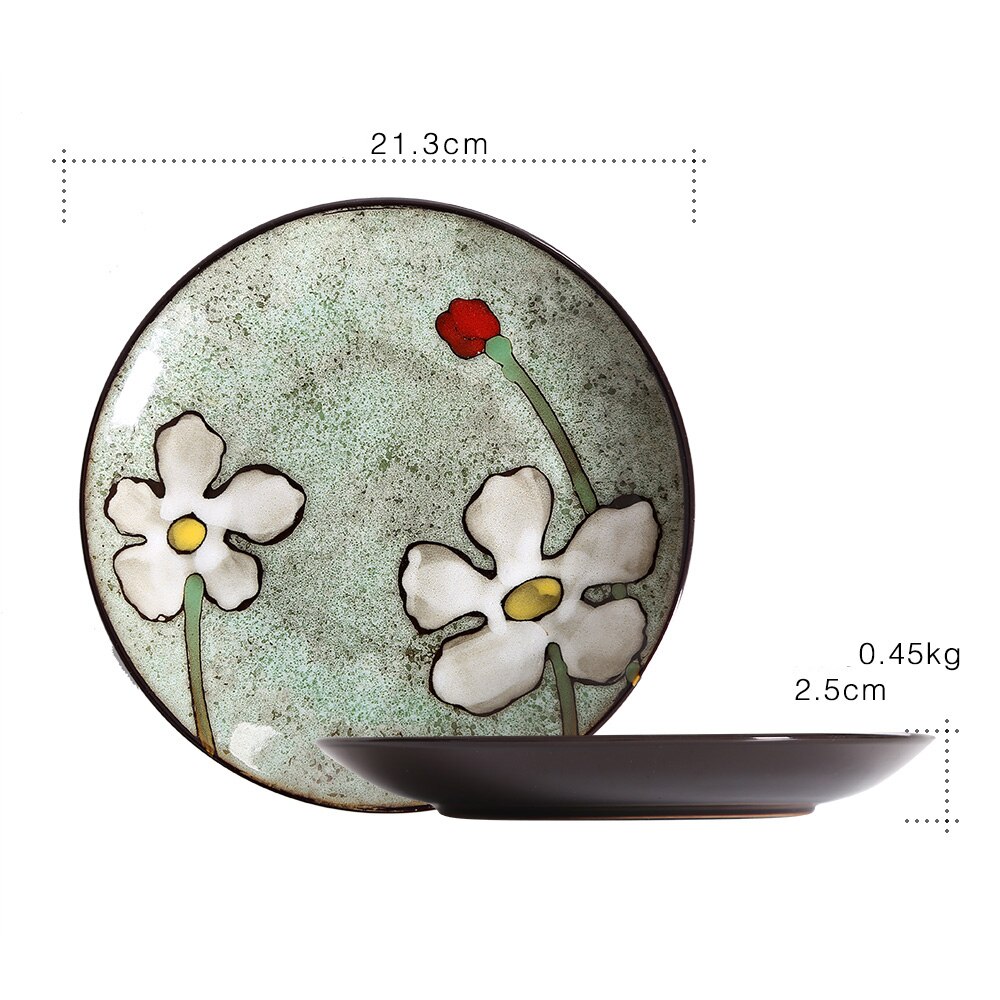Kiln Glaze Japanese Ceramic Tableware Home Use Crockery Salad Bowl Spoon Steak Plate Set Dishes Hand Painted Floral Pattern: E