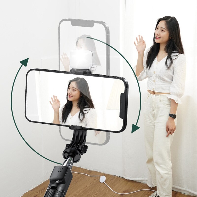 Selfie-stick-stativ mit aufhelllicht, abnehmbarer drahtloser fernbedienung, frei einziehbarem selfie-stick