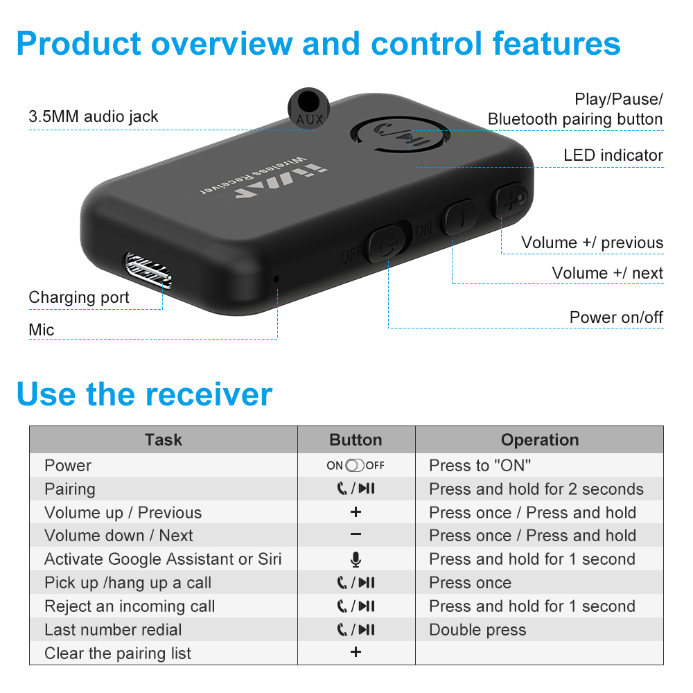 1mii ml100 receptor bluetooth 5.0 para adaptador de áudio aux de carro, com microfone 14h bateria longa 3.5mm jack para tv fone de ouvido alto-falante