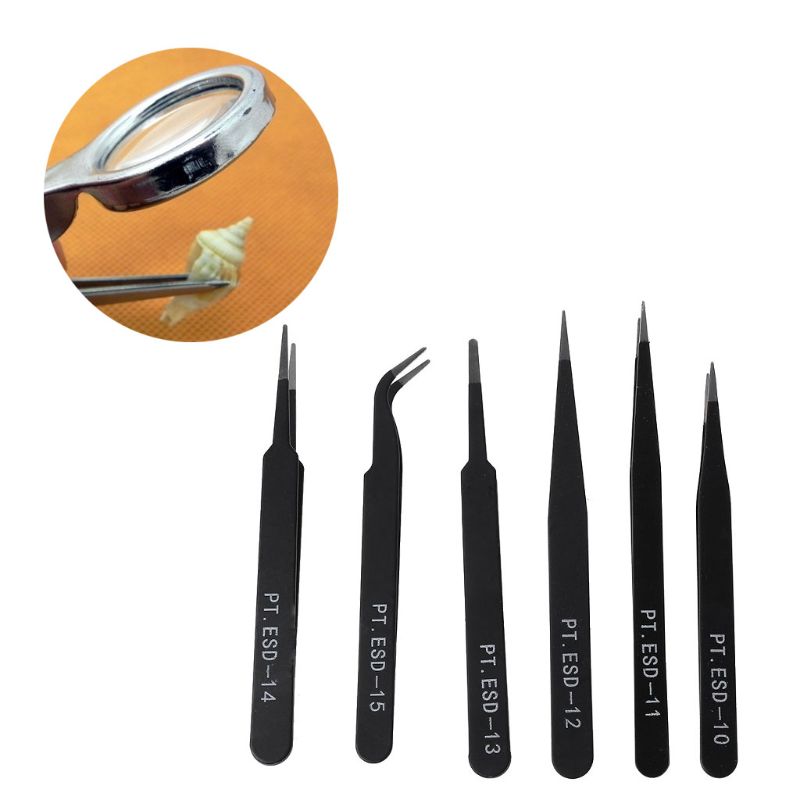 6Pcs Anti-static ESD Stainless Steel Tweezers Maintenance Tools Industrial Precision Curved Straight Tweezers ESD10-15