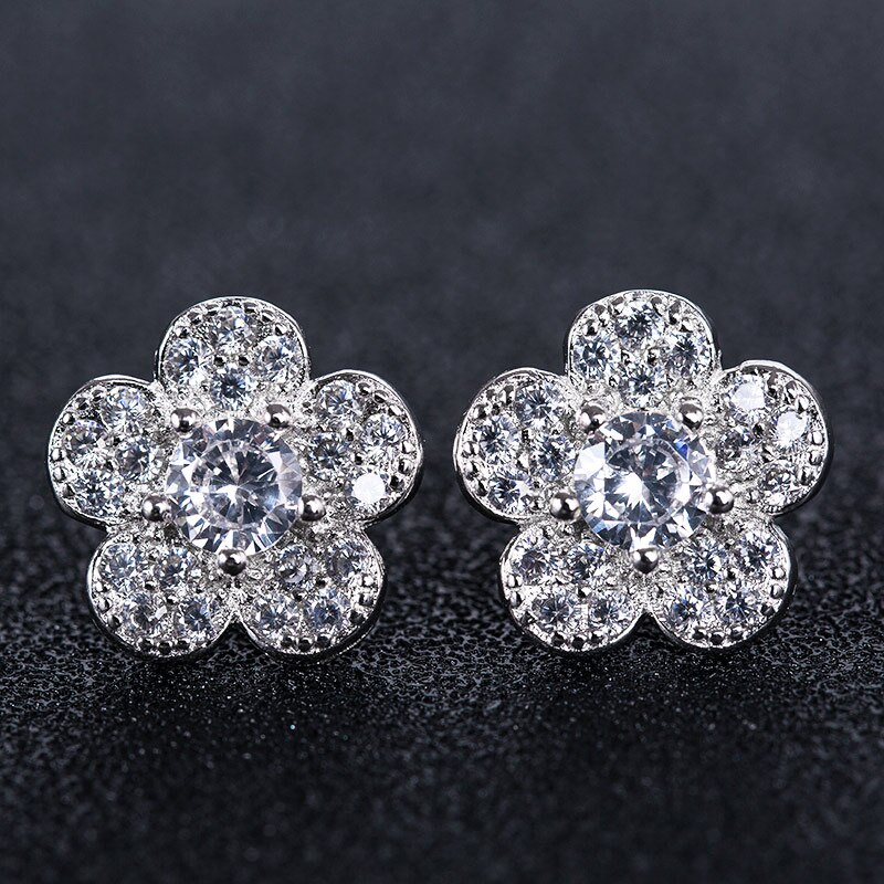 Huitan-pendientes de planta romántica para niña, con forma de flor pequeña Simple con forma de flor, aretes de tuerca de circón cúbico blanco rosa claro: E020