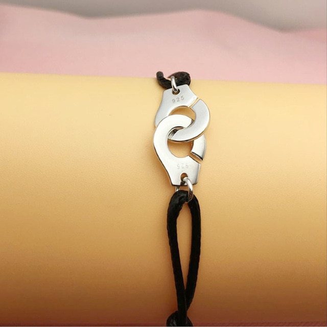 France Popular 925 Sterling Silver Handcuff Bracelet For Women With Black Rope 925 Silver Bracelet Menottes Only 925 Stamp: Silver Color