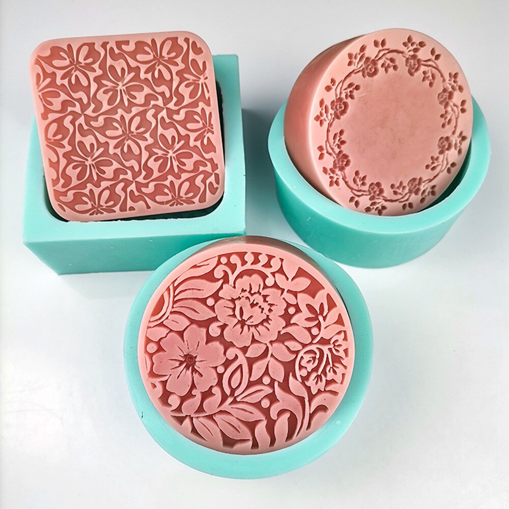 Padrão de flor artesanal sabão silicone molde diy esculpido quadrado redondo fazendo sabão silicone molde chocolate bolo ferramentas decoração