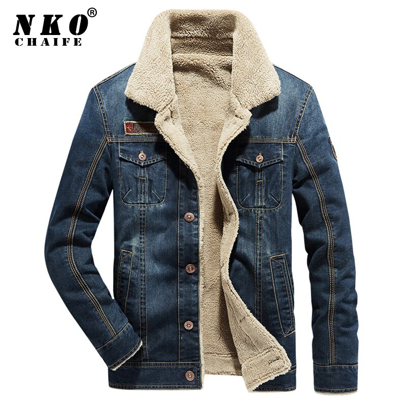 Herr vinter varm casual märke jeansjacka parkas herr höst vindtät fleece tjock kappa herr pälskrage herr jacka 5xl