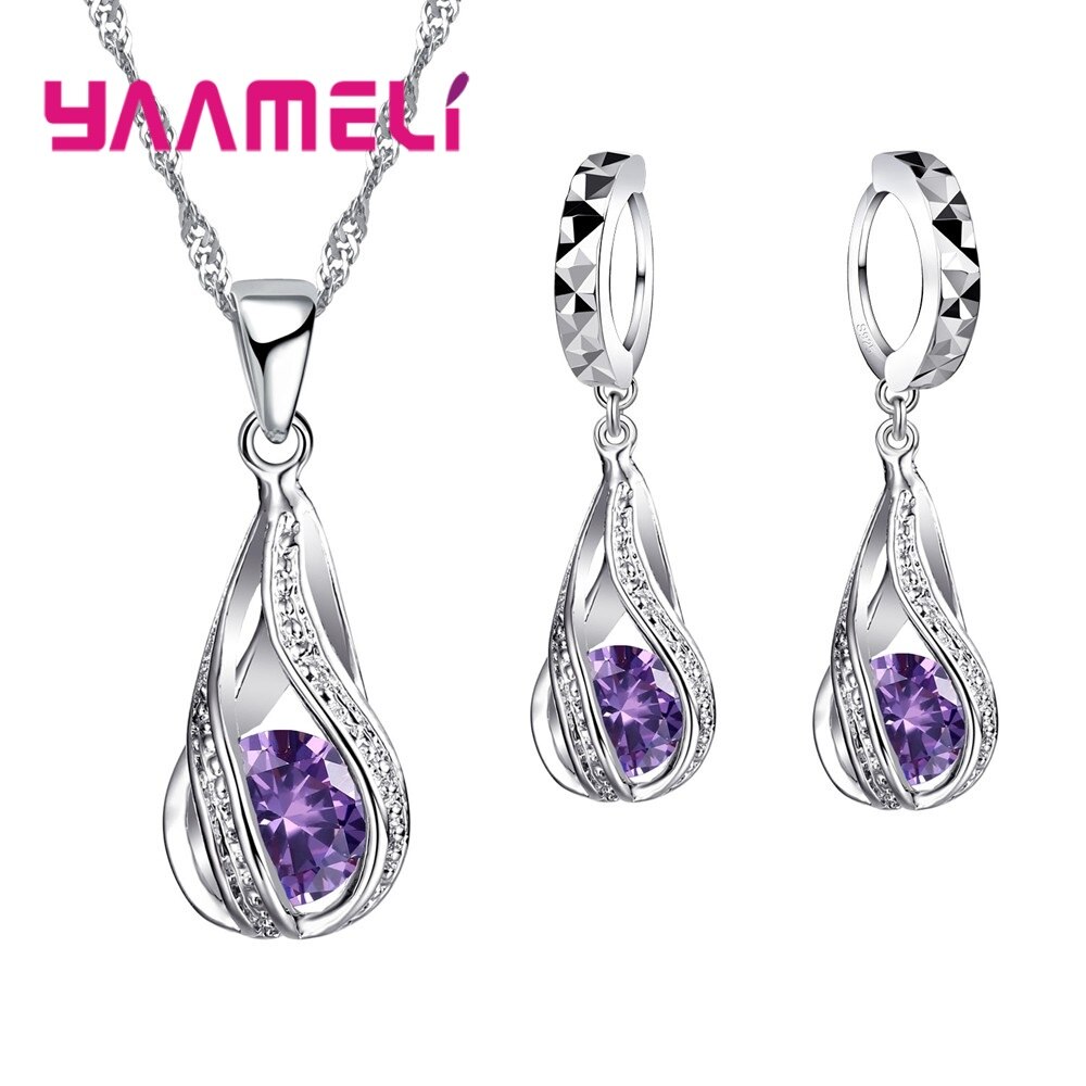 Muliple Colors 925 Sterling Silver Classic Shape Shinning Crystal Jewelry Sets Necklace Pendant Long Earrings Big: purple