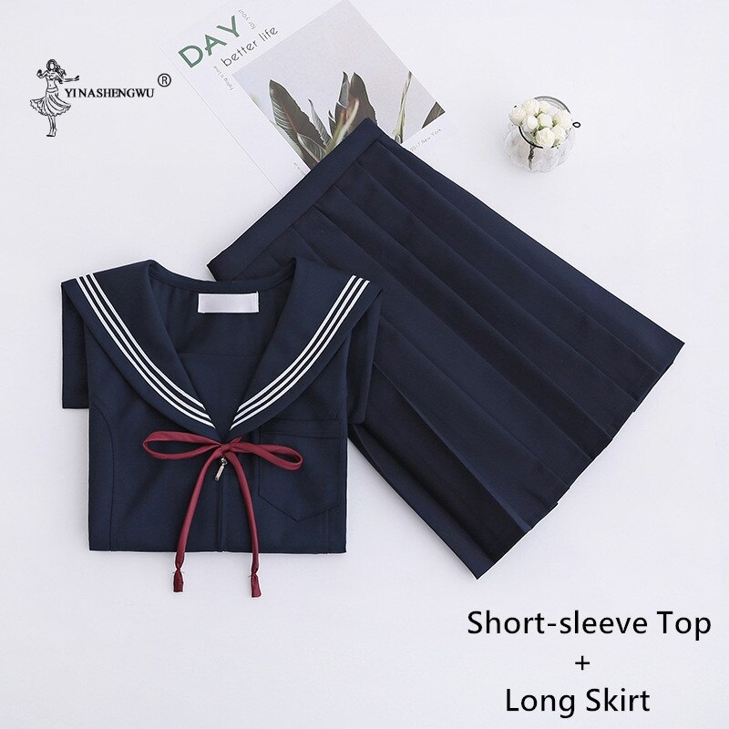 Navy blue JK uniform Autumn Summer Short/long Sleeve Japanese School Uniforms For Girls Sailor Pleated Skirt JK Sets Uniform: 2 Pcs Short-Long / XXL