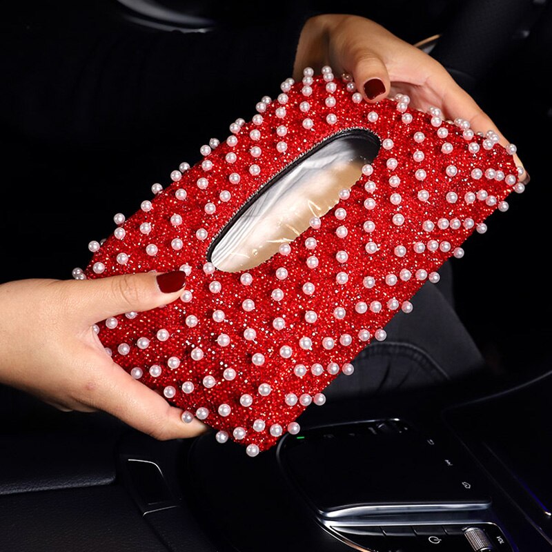 Luksus perler bil vævskasse krystal diamant blok type vævskasser holder til kvinder papirhåndklæde dækning sag bil styling: Bilvævsæske sæt 1