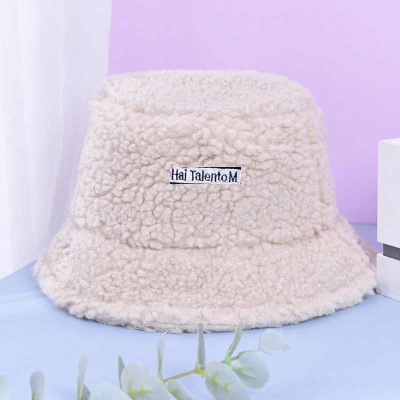 Winter Autumn Thick Warm Soft Lamb Wool Women Bucket Hat Solid Color Female Ladies Flat Top Hat Beanie Bonnet: beige