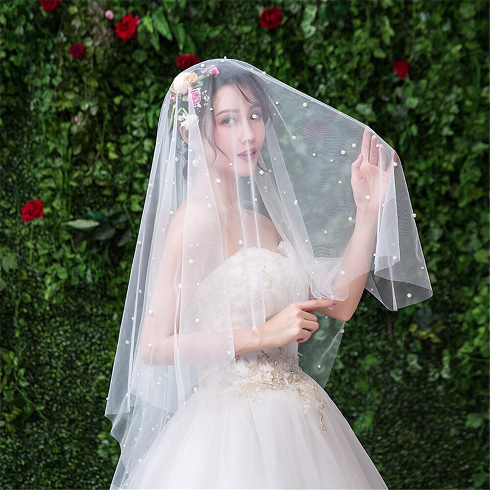 Short Wedding Veil Bridal Veil Face-Covered Blusher Veil with Pearls One Layer Tulle Square velo de novia No Comb