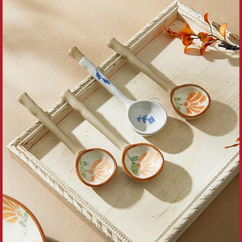 Huishoudelijke Keramische Lepel Handgemaakte Grof Aardewerk Japanse Stijl Mooie Lange Handvat Lepel Koffie Lepel Keramische Lepel