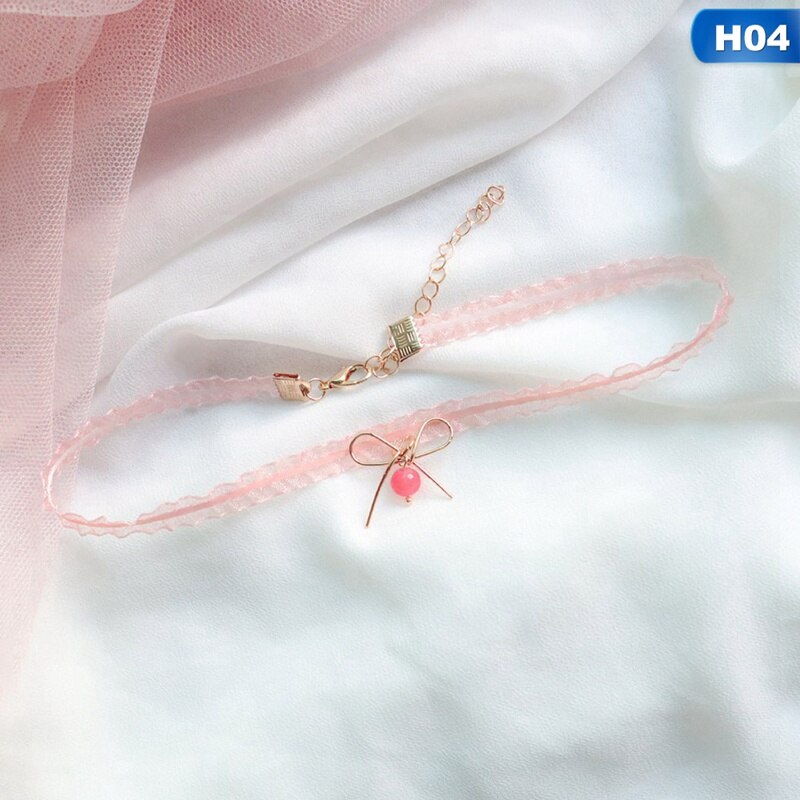 Japan Stil Süße Frauen Mädchen Rosa Herz Bowknots Perlen Anhänger Halsband Kurze Schlüsselbein Halsketten Jewelrys: H04