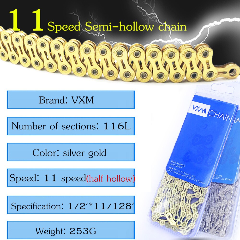 VXM 11 speed Bicycle chain silver half hollow bike chain mountain road bike full hollow chains ultralight 116L gold Bicycle Part