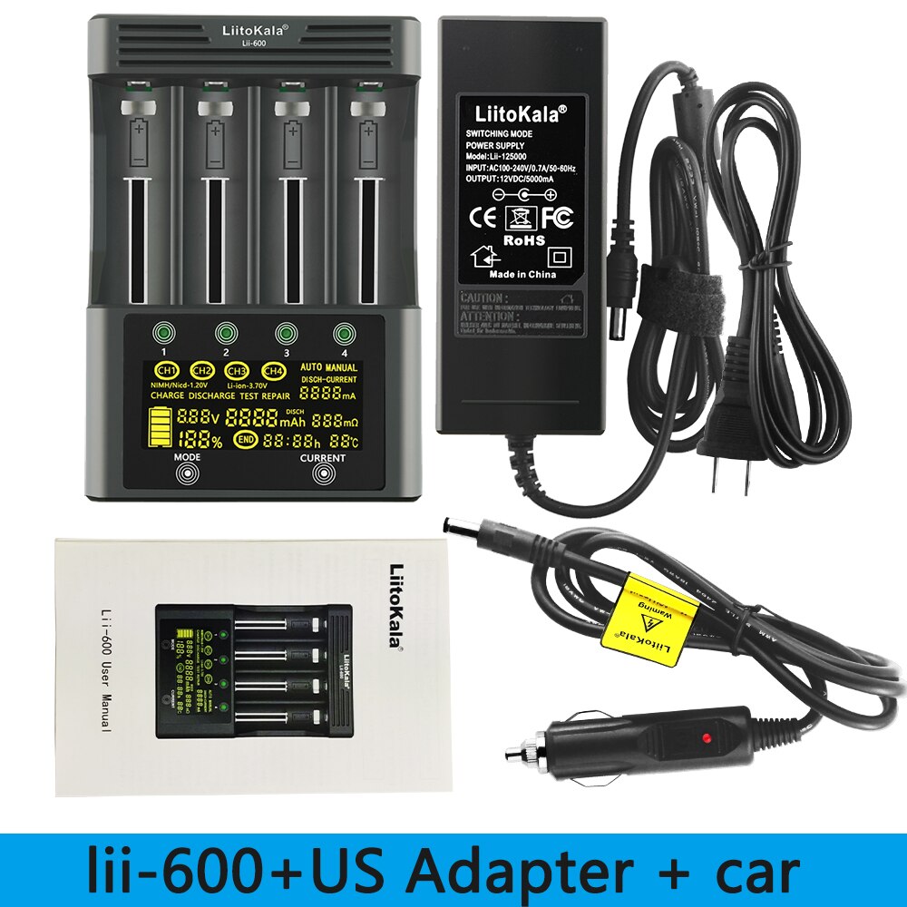 LiitoKala Lii-600 Battery Charger For Li-ion 3.7V and NiMH 1.2V battery Suitable for 18650 26650 21700 26700 AA AAA12V5A adapter: US-Lii-600 and car