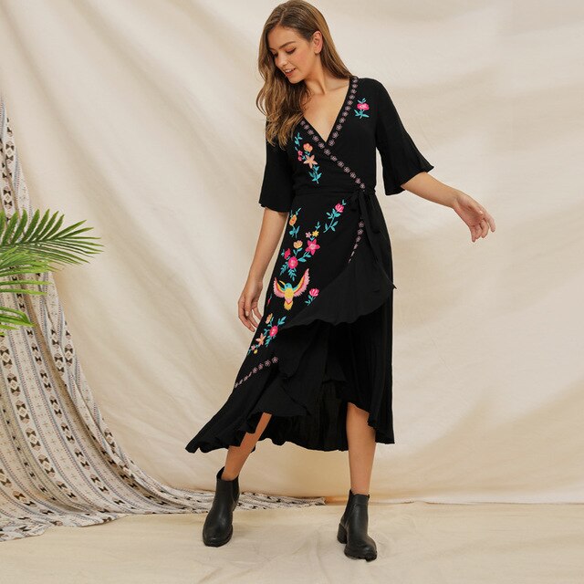 Stijl Katoen Borduurwerk V-hals Zwarte Jurk Bohemian Plus Size Beach Cover Up Vrouwen Tuniek Jurk Vestido A191: XL