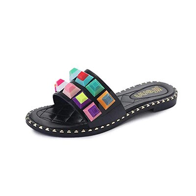 Sandalias de mujer con tachuelas coloridas sandalias con pedrería remaches elegantes Chanclas de cuero planas de Punta abierta Sandalias cómodas al aire libre: black T668 / 9