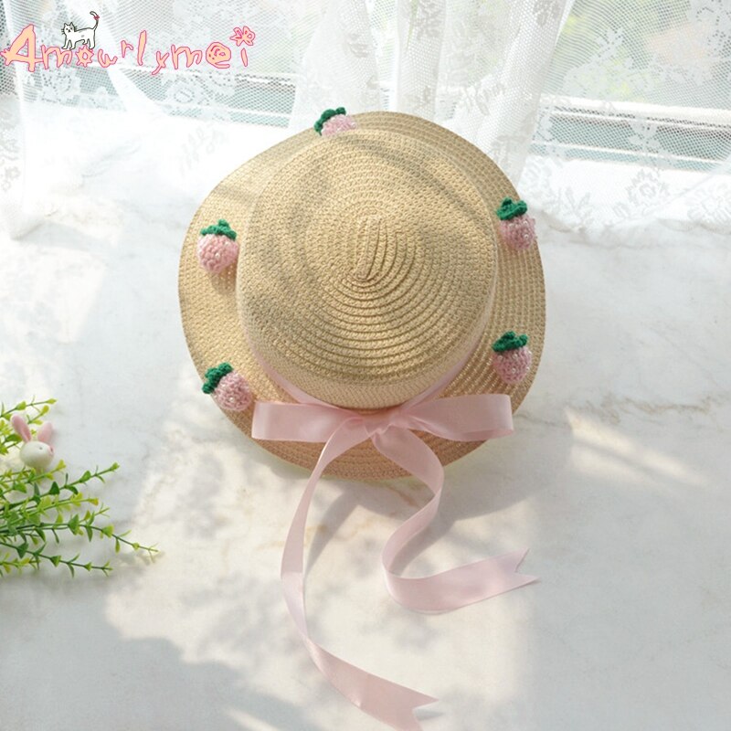 Amourlymei, , novedad de , sombrero de playa de verano para mujer, sombrero de sol estilo japonés Mori Girl Lolita Kawaii, sombreros de paja con lazo rosa fresa