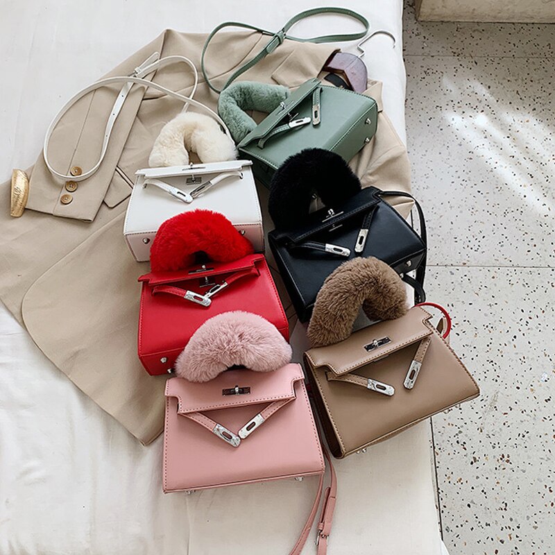 Faux Bont Handvat Kleine Pu Lederen Crossbody Tassen Voor Vrouwen Winter Trending Schouder Handtassen Vrouwen Eenvoudige Handtas