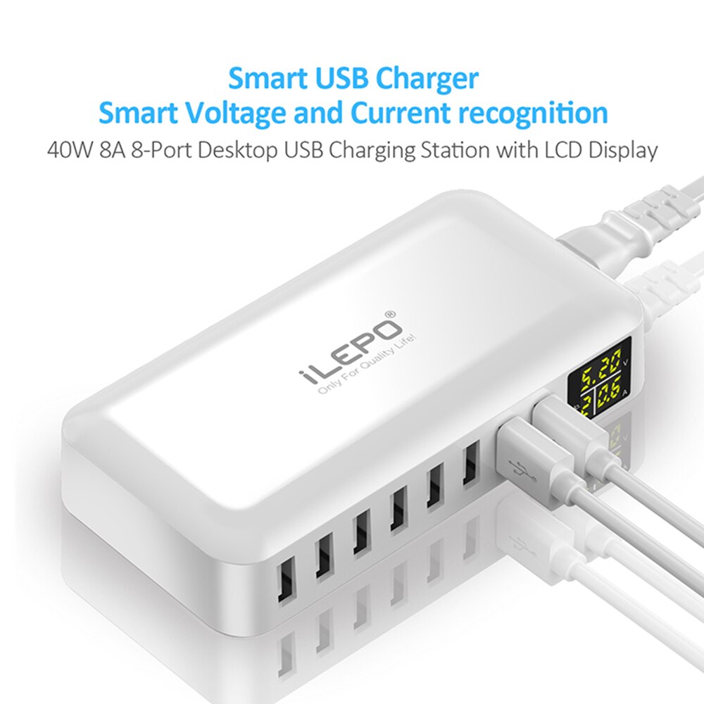 iLEPO Multi Port USB Charger 5V8A LED Show Real Time Charging For iPhone iPad Mini Samsung Huawei Pixel Mi DV AC Power Adapter