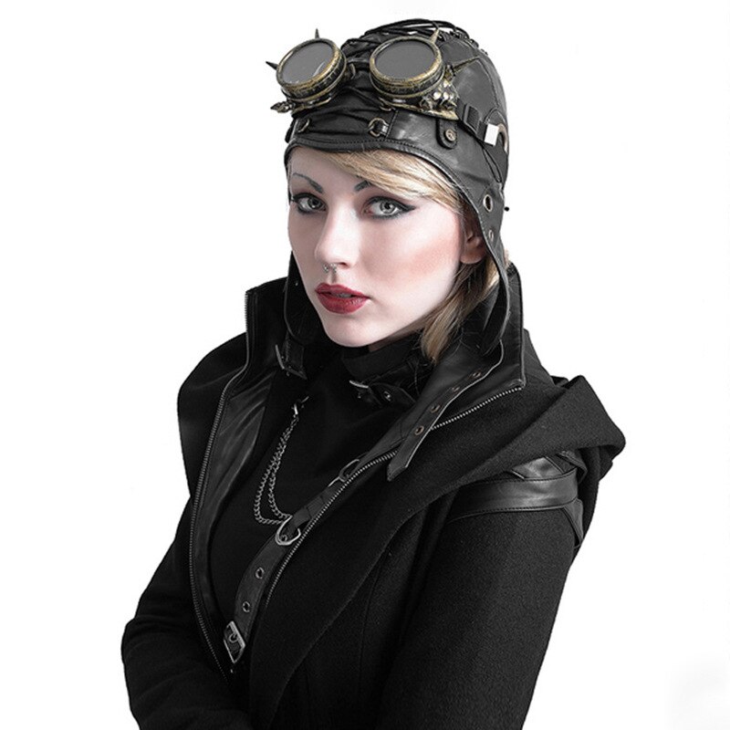 Black Army Pilot Cap Pu Leather Steampunk Soft Lacing Adjustable Windproof Earflap Hat Halloween Punk Costume For Men Women